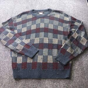 Vintage Essex Mens XL Checkered Block Knit Sweater Navy Blue Burgundy Pullover